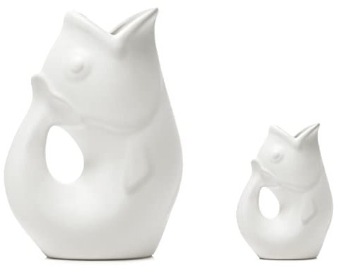 Gurgle Pot Fischkrug – Set mit 2 Stück, mattweiß, französisch inspiriertes Design, großer Krug 1,2 l mit passendem Creamer, mattes Weiß, das perfekte Geschirr für drinnen oder draußen.
