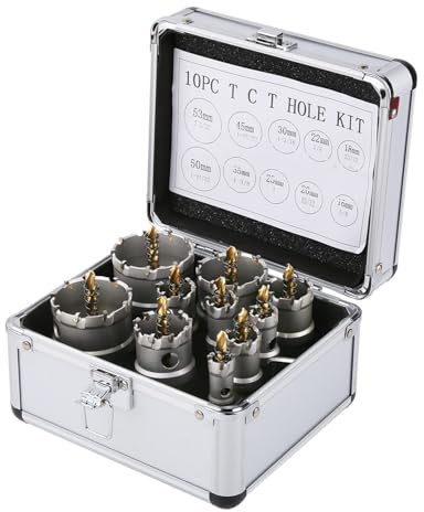 Vearter TCT Kit de sierra de corona para metal duro, 16–53 mm, 10 brocas de carburo con broca piloto, para acero inoxidable, hierro, aluminio, aleaciones, plásticos, etc.