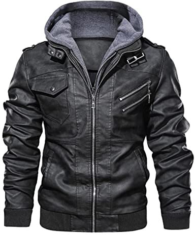 HULKAY Men's Faux Leather Jacket with Hood Motorcycle Jacket Casual Vintage Warm Winter Coat Leather Bomber Jacket(Black,S)