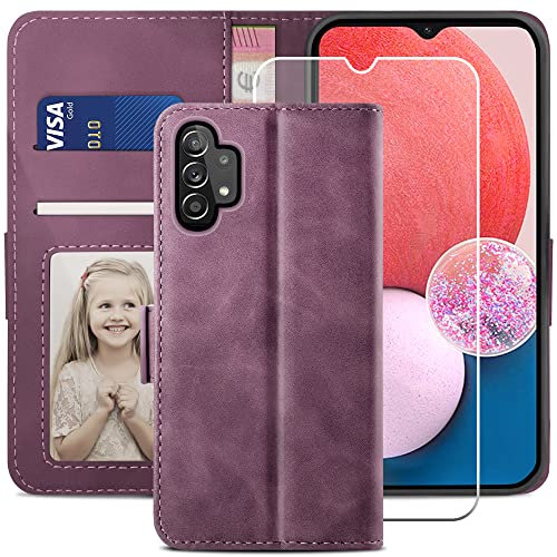 YATWIN Handyhülle Kompatibel mit Samsung Galaxy A13 4G/5G/A04S Hülle +1 Stück Panzerglas Schutzfolie, Klapphülle A13 Premium Leder Brieftasche Schutzhülle [Kartenfach][Stand] Handytasche Case, Weinrot