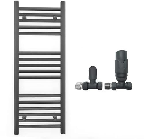 Myhomeware 450mm Wide Straight Anthracite Grey Heated Bathroom Towel Rail Radiator With Valves For Central Heating UK (With TRV Straight Valves, 450 x 900 mm (h))