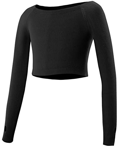 FEOYA Enfant Fille Haut Danse Ballet Tricoté Pull Classique Top Gymnastique Manche Longue Cache Coeur Danse Fitness Gym Yoga Sportwear Noir 5-6 Ans