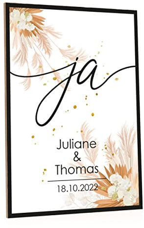 GRAVURZEILE Holzschild mit Spruch - Ja - Personalisiert mit Namen & Datum - Kunstdrucke auf Holz - Wand Dekoration für Sie & Ihn - Geschenk zur Hochzeit Valentinstag - Farbe Pampasgras
