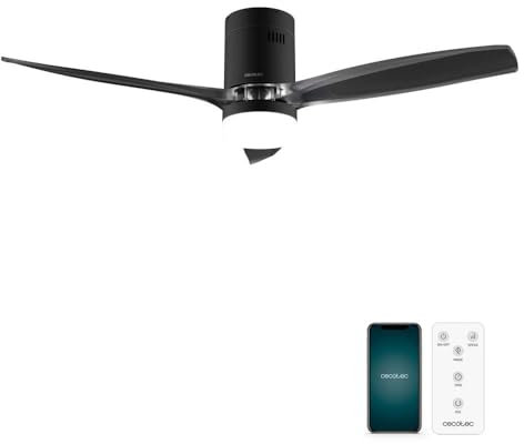 Cecotec Ventilador de Techo con Luz EnergySilence Aero 5285 Sun BlackTransparent Connected. 40W, Diámetro 52”, Mando, Wifi, Protección IP44, 6 Velocidades, 3 Aspas, Modo winter-summer, Temporizador