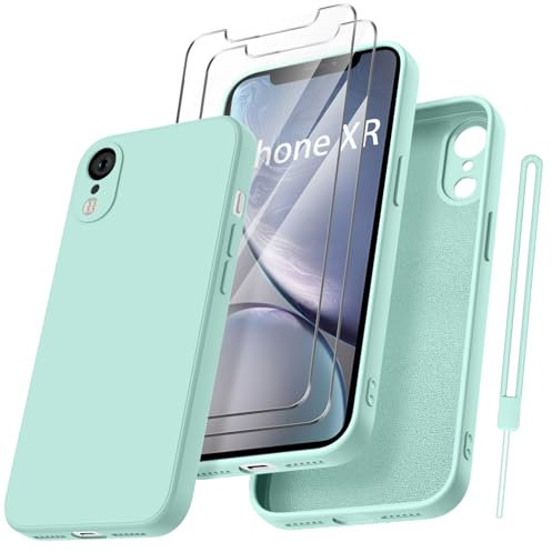 Qasyfanc HandyHülle für iPhone XR Hülle Silikon case mit 2 Stück Schutzfolie, Ultra Microfiber TPU Flüssig silikon mit Kameraschutz Kratzfeste Rundumschutz Schutzhülle 6.1'' - Mintgrün