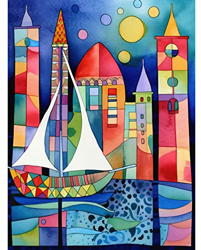 Artery8 Marina At Night Colourful Folk Art Watercolour Painting Large Wall Art Poster Print Thick Paper 18X24 Inch