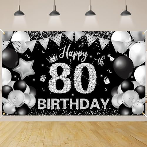 80 Geburtstag Dekoration,BTZO 80 Geburtstag Banner Schwarz Silver,Extra Große 80 Geburtstag Hintergrund Banner,80 Party Geburtstagsdeko Frau Mann
