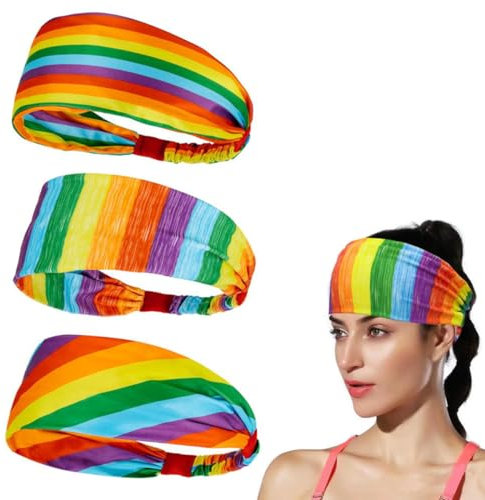 SamHeng 3 Stück Regenbogen Sport Stirnbänder für Männer Frauen, Unisex Bunt Streifen Dehnbar Schweißbänder, Elastisch Non-Slip Yoga Haarband für Radfahren Läuft Fitness Workout Stirnband