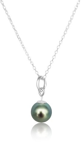 PERORNO Pendentif élégant avec perle véritable de Tahiti de 8 mm - Couleur naturelle et haut lustre - Monture en argent sterling 925 avec chaîne de 45 cm, 8 mm, Argent, Perle