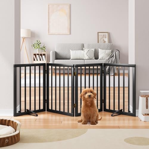 Semiocthome Solid Bamboo Dog Gate with 2 Stands, Freestanding Pet Gates for Doorways and Stairs, 24 Height-4 Panels Puppy Gate for the House, Fully Assembled Indoor Gate Adjustable Safety Fence-Black