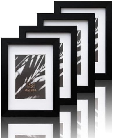 VUVUZULA Lot de 4 cadres photo A5 noirs avec passe-partout pour photo A6 A5 et certificat en verre véritable