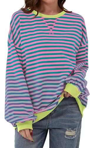 TERIVEEK Women Oversized Striped Color Block Long Sleeve Crew Neck Sweatshirt Casual Loose Pullover Y2K Shirt Top, Pink, S