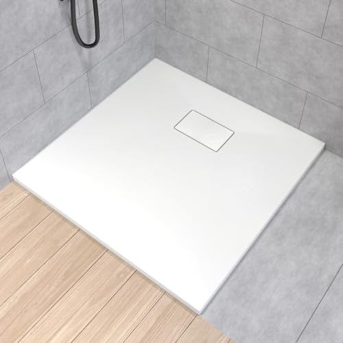 BADLAND Duschwanne 90x90x3,2 VIDAR Weiß Verbundwerkstoff Duschtasse Quadratisch, Steinoptik, mit Ablaufgarnitur Ø 90 mm