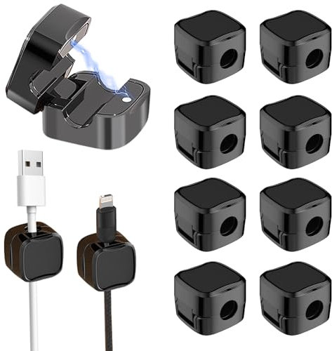 8 Pcs Cord Organizer Holder, Magnetic Cable Clips Cable Management, Adhesive Desk Wire Holders Cables Keeper for Charging Cable Home Office Car Wall (Black)