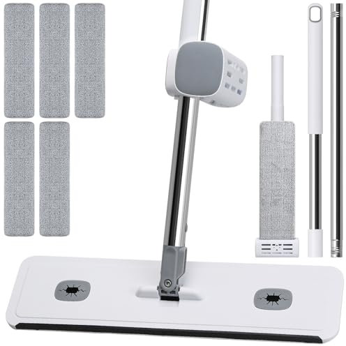 ROTRES Mopa Plana de Microfibra con Escurridor Integrado,Mopa Plana Grande con 5 Almohadillas Reutilizables para fregona,Mopa de Seco y Húmedo para Suelos de Madera, Laminado,Baldosas y Mármol