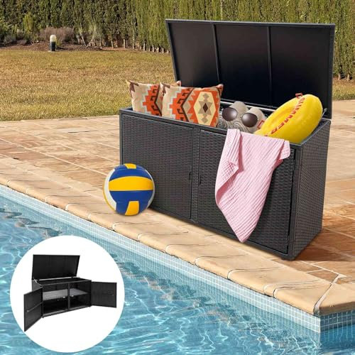 TANGZON 2-Tier Garden Storage Box, 2-Way Opening Rattan Deck Box Chest with Flip-Top Lid, Outdoor Weatherproof Storage Organiser with Metal Frame for Toy Cushion Poolside Patio Balcony (Black)