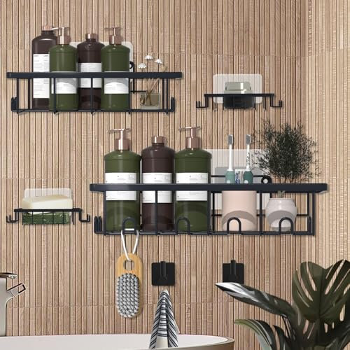 Lot de 6 étagères de douche sans perçage - Noir - Avec porte-savon - Crochets en acier inoxydable SUS304 - Pour douche, rangement et organisation pour cuisine, salle de bain, camping-car