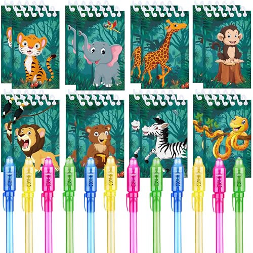 REAGAR Dschungeltiere Party Geschenke, 12 UV unsichtbare Tinte Stift und 12 Dschungeltiere Notizbuch, Dschungeltiere Geburtstagsgeschenke für Kinder