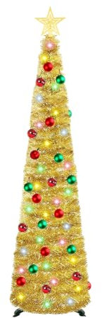 5Ft/ 1.5m Pop Up Tinsel Christmas Tree, Artificial Collapsible Xmas tree with 100 Lights and 30 Colour Balls, Glittering Sparking Xmas Decoration Tree for Party Carnival (Gold with balls)