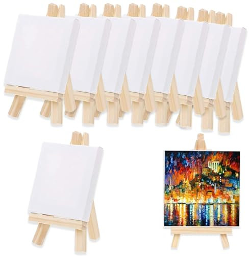 Mini Staffelei Holz, 10 Stück 10x10cm Mini Leinwände, Mini Staffelei Set, Kleine Tischstaffelei Holz StäNder Stativ Zum Zeichnen, StäNder Stativ Zum Zeichnen, Tisch Deko, Basteln