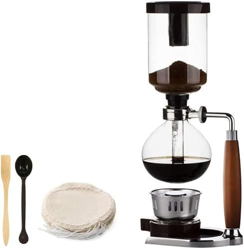 5 Tassen, Siphon-Kaffeemaschine mit Holzgriff, Siphon-Kaffeesiphon, Vakuum-Brauer, japanische Siphon-Maschine, Glas-Tropf-Kaffeemaschine, Set mit 10 Blatt Kaffeefiltertüchern