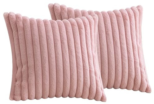 FDEETY Lot de 2 Housses de Coussin en Peluche en Fausse Fourrure Décorative Douce à Rayures moelleuses pour Coussin de Chambre à Coucher de canapé 45 x 45 cm Rose