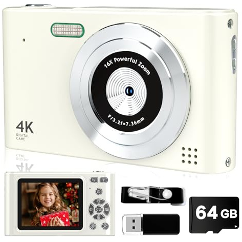 Fotocamera digitale, 44 MP Full HD 1080p, fotocamera punto e scatto con scheda da 64 GB, fotocamera compatta Volg con zoom 16x, fotocamera portatile piccola camara regalo per bambini, ragazzi e