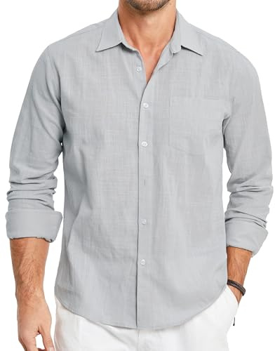HISDERN Men's Linen Shirts Long Sleeve Regular Fit Shirts Lightweight Button Summer Shirt with Pocket Grey L