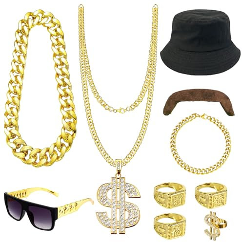 10 Stück Dollar Kette Set,Goldkette Herren,Zuhälter Kostüm,Rapper Goldkette Kostüm,Hiphop Kostüm Set,Dollar Zeichen Halskette Ringe Sonnenbrille Goldkette Fasching Karneval für 70er,80er,90er Jahre