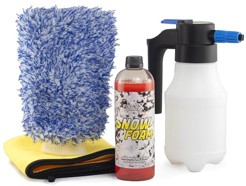 FULLCARX Kit Champú con Pulverizador a Presión Automático Eléctrico Batería, Manopla y Toalla, Detergente Espuma Activa Snow Foam PH Neutro, Limpieza Exterior Coche, Productos Detailing Profesional