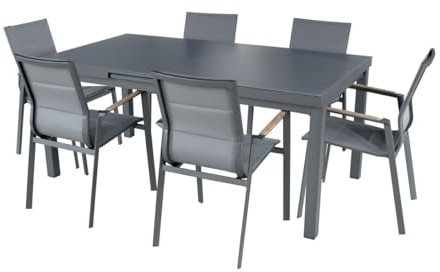 Green Spirit Garten Essgruppe Chicago 2 - Grau, Aluminium, für 6 Personen, Wetterfest, Gartenmöbel-Set mit 6X Stapelstühle, ausziehbarer Garten-Tisch - Terrassen Sitzgruppe, Tischgruppe