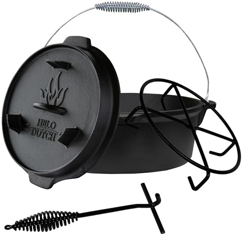 Dutch Oven Set Gusseisen 1,8L-13,6L – Feuertopf mit Deckelheber, Schmortopf mit & ohne Füße, Schlitz für Themormeter, inkl. Kochbuch – Perfekt für BBQ Indoor & Outdoor (ohne Füße, 9,5L - O5)