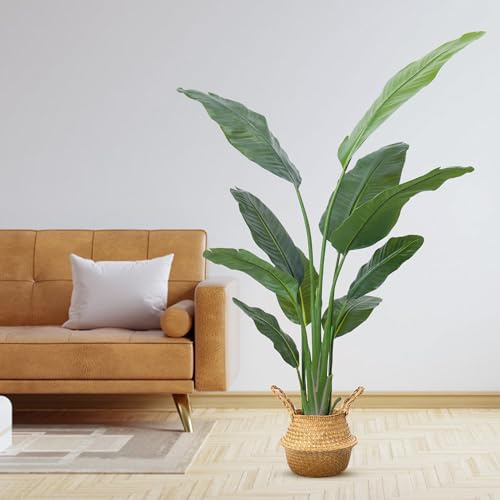 DOKKOME Künstliche Pflanze 120cm groß Künstliche Paradiesvogel Kunstpflanzen Tropische Palme mit 9 Blättern Kunst Bananenbaum Plastik Pflanze Palme im Topf Deko für Wohnzimmer Vorraum Büro