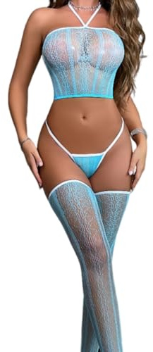 PARUPRUP Damen Sexy Neckholder Fischnetz Dessous Set Spitze Riemchen Hohl Bodystocking Rückenfrei Riemchen Reizwäsche Netzstoff Teddy Babydoll Elastischer String Tanga Transparent 3-Stücke Catsuit