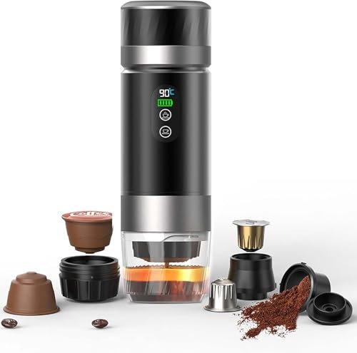 Tragbare outin espressomaschine Kaffeemaschine, 3-in-1 Reisekaffeemaschine, Elektrische Heizung, Wiederaufladbare 12V Kaffeemaschine, Kompatibel mit Espressokapseln und gemahlenem Kaffee (Schwarz)