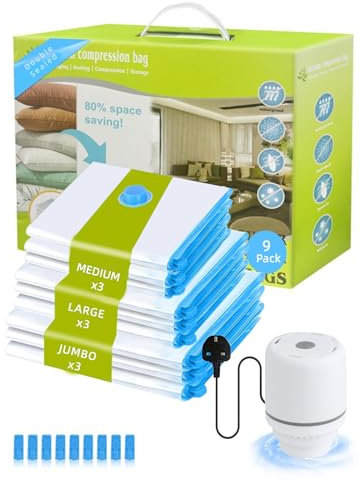 Ellasasuxi Vacuum Storage Bags with Pump,9-Pack (3 Jumbo,3 Large,3 Medium),Reusable Space Saver Sealer Compression Bags Transparent for Travel, Moving, Clothes, Duvets Storage