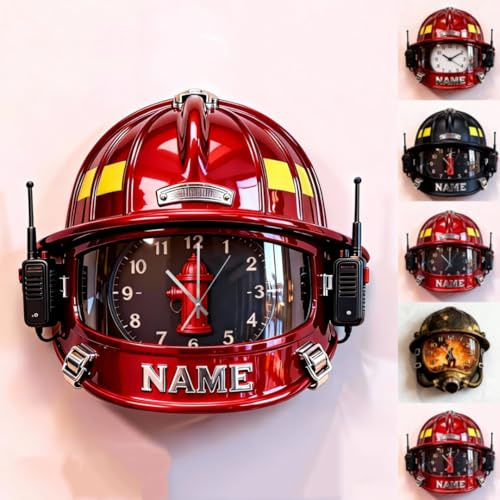 Personalisierte Uhr mit Feuerwehrhelm-Motiv für Schlafzimmer, Wohnzimmer, Küche, individueller Feuerwehrmann-Name, 2D-Flachdruck, Wandkunst-Schild, individuelles einzigartiges Feuerwehrhelm-Symbol