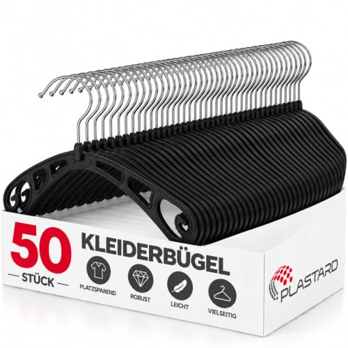 Plastard S38 Erwachsenen-Kleiderbügel 50 Stück -drehbarer Haken, Blusen | drehbarer Metallhaken. schmale 0,8 cm Auflage, platzsparend – Ideal für Hemden, Blusen, Anzüge, Kleider, belastbar bis 10 kg