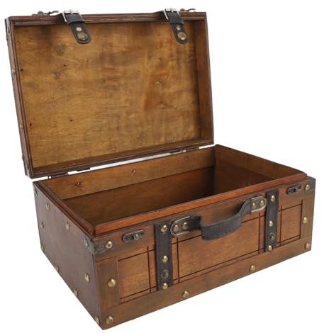 RIZGHWOY Wooden Storage Chest, Wooden Storage Trunk Retro Suitcase with Antique Bronze Latch Leather Handle for Home Decor (Large)