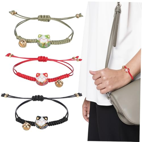 SUPVOX 3pezzi Con Ciondolo Forma Di Con Gatto Maneki Neko e Campanellino Corda Impilata Regolabile Per Donna Di Asiatico