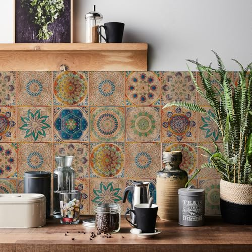 Ntrniva Self Adhesive Wall Tiles Kitchen Bathroom Stick on Tiles Victorian Tile Stickers 10cm(4) 24 pcs Waterproof Oil Proof Transfers Covers Decals Vinyl Wall