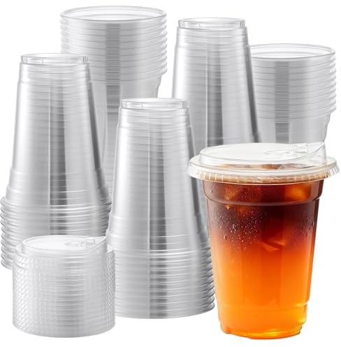Goodluck Plastic Cups with Lids | 50 Pack 12oz/340ml Clear Cold Drinks Iced Coffee Plastic Cup for Smoothies,Milkshakes,Iced Tea-Summer,Party,Picnic,Takeaway