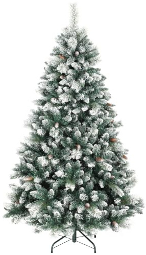 HOMCOM Künstlicher Weihnachtsbaum 180 cm mit Schnee, 1000 Spitzen | Künstlich Tannenbaum, 34 Tannenzapfen, Christbaum, Breite Basis, Weihnachtsdeko, inkl. Metallständer, für drinnen