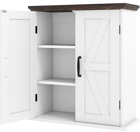 GIANTEX Hängeschrank mit 2 Türen und verstellbaren Regalen | Wandschrank im Landhausstil, platzsparender Medizinschrank für Badezimmer, Küche & Wohnzimmer, 53,5 x 22,5 x 60 cm