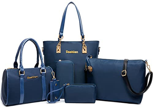 FiveloveTwo Damen Nylon 6-teiliges Schultertaschen Set Shopper Umhängetasche Geldbeutel Tote Taschen Henkeltaschen Clutches Geldbörsen, Blau, 2