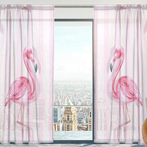 Fenster Vorhänge, Gardinen Platten Fenster Behandlung Set Voile Drapes Tüll Vorhänge Muster von gestreift Flamingo 213 cm lang für Wohnzimmer Schlafzimmer Girl 's Room 2 Platten