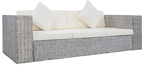 vidaXL Sofa 3-Sitzer mit Polstern Dreisitzer Loungesofa Rattansofa Sitzmöbel Couch Rattanmöbel Wohnzimmer Möbel Büromöbel Grau Natürliches Rattan