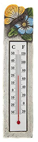 HomestreetUK Gartenthermometer, Keramik, Steinoptik, schmal, mit bemalten Details, 18 cm, Temperaturanzeige in Celsius und Fahrenheit