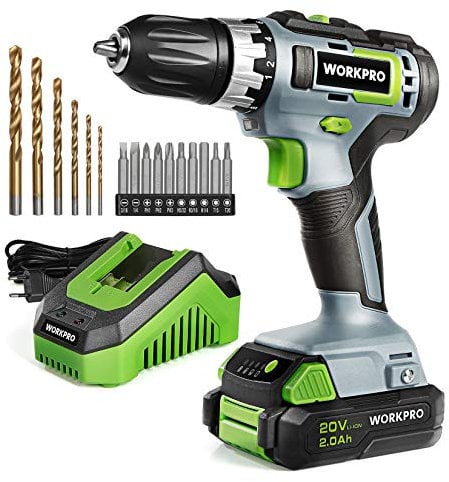 WORKPRO Akkuschrauber 18V/20V Akku-Bohrschrauber mit 16 Zubehör, Drehmoment 25NM und variable Drehzahlen, LED-Licht, 2-Drehrichtung, inkl. 2,0Ah Li-Ion Akku und Schnellladegerät