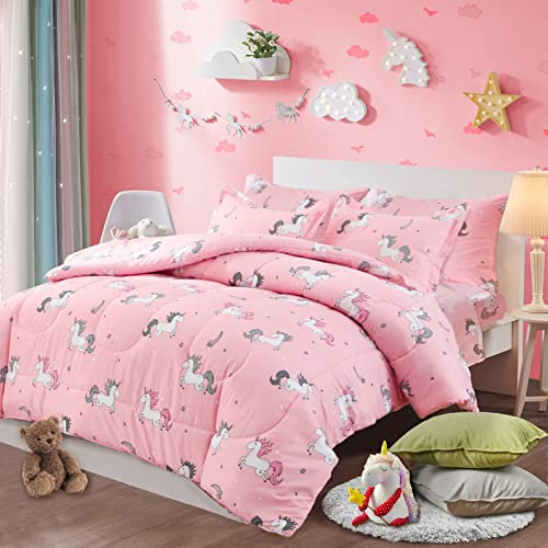 Uozzi Bedding Bed in a Bag 7-teiliges Queen-Size-Bettwäsche-Set mit Einhorn-Motiv, rosa mit Regenbogen-Stern – weiche Mikrofaser, Wendebettwäsche-Set (1 Steppdecke, 1 Spannbetttuch, 2 Kissenbezüge)
